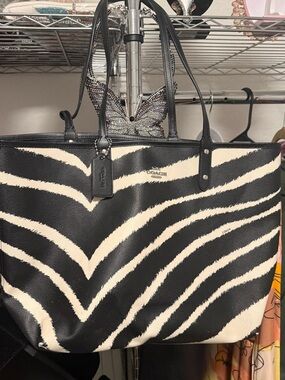 COACH Black and White Zebra-Print Leather Tote
